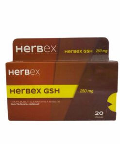 Boîte « Herbex GSH 250 mg 20 gélules » sur fond blanc.