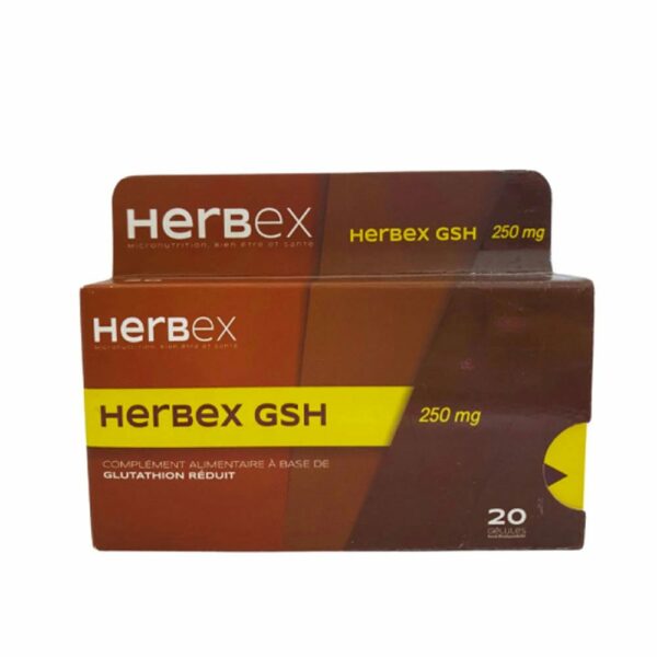 Boîte « Herbex GSH 250 mg 20 gélules » sur fond blanc.