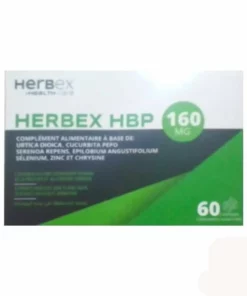 Boîte « Herbex HBP 160 mg 60 comprimés » sur fond blanc, mention cœur & tension.