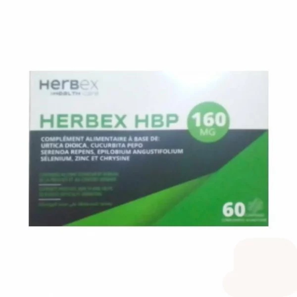 Boîte « Herbex HBP 160 mg 60 comprimés » sur fond blanc, mention cœur & tension.
