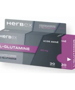 Boîte « Herbex L-Glutamine 300 mg 20 gélules » sur fond blanc.