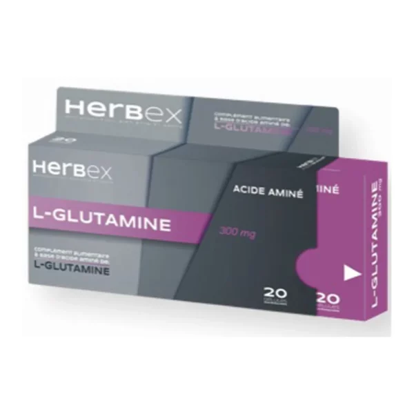 Boîte « Herbex L-Glutamine 300 mg 20 gélules » sur fond blanc.