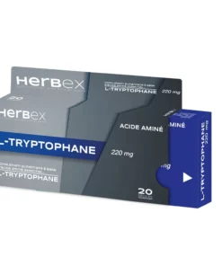 Boîte « Herbex L-Tryptophane 220 mg 20 gélules » sur fond blanc.