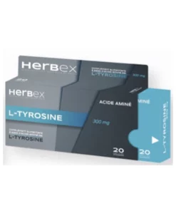 Boîte « Herbex L-Tyrosine 300 mg 20 gélules » sur fond blanc.