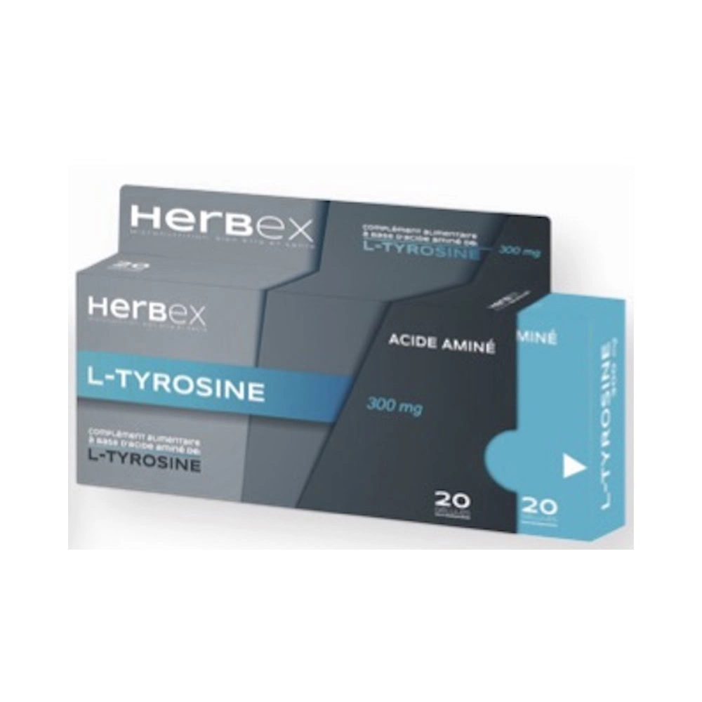 Boîte « Herbex L-Tyrosine 300 mg 20 gélules » sur fond blanc.