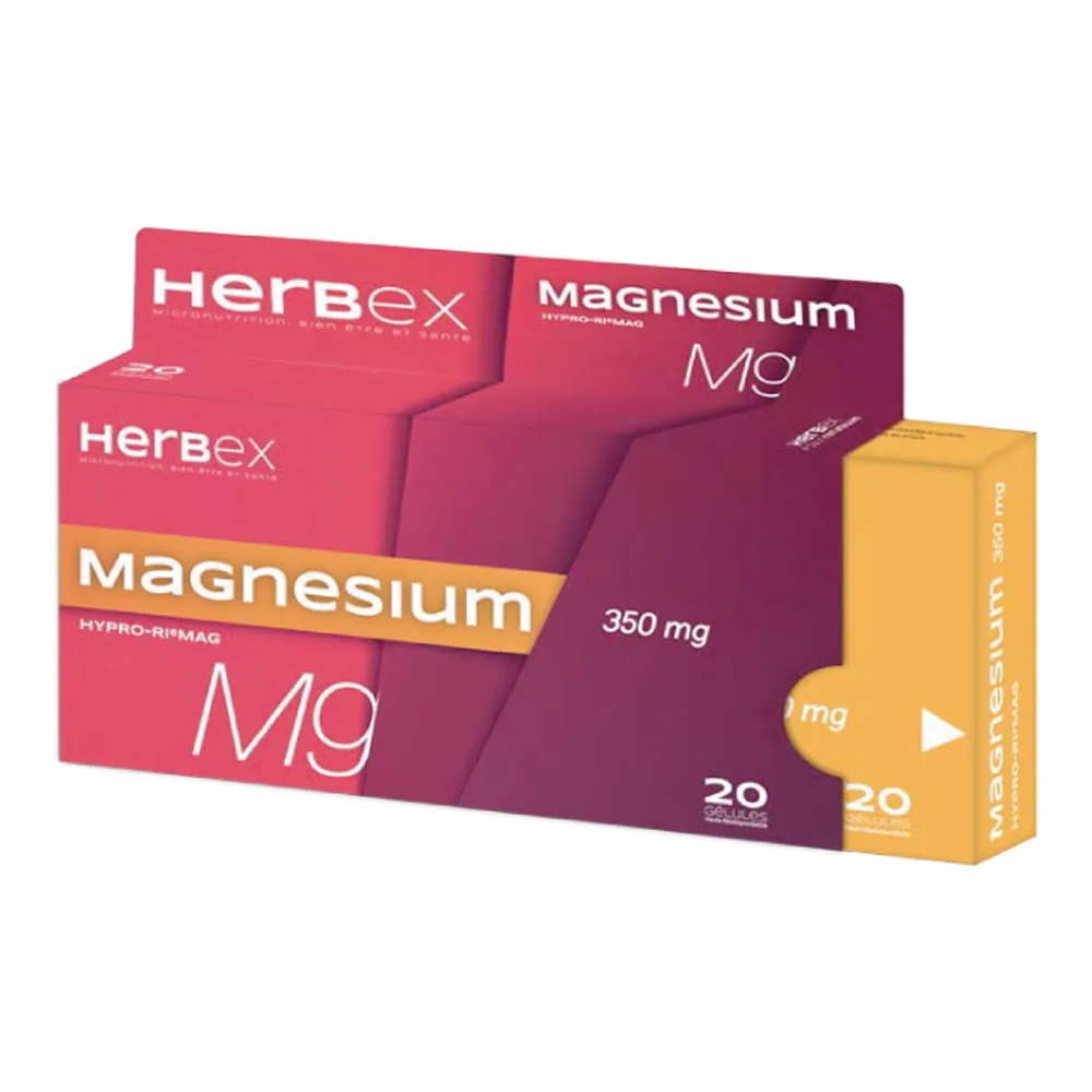 Boîte « Herbex Magnésium 350 mg 20 gélules » sur fond blanc.