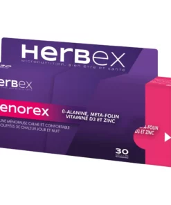 Boîte « Herbex Menorex 30 gélules » sur fond blanc, mention bien-être féminin.