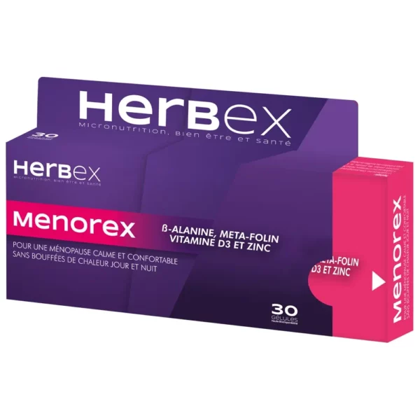 Boîte « Herbex Menorex 30 gélules » sur fond blanc, mention bien-être féminin.
