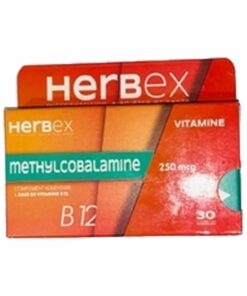 Boîte « Herbex Méthylcobalamine 250 µg 30 comprimés » sur fond blanc.