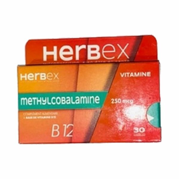 Boîte « Herbex Méthylcobalamine 250 µg 30 comprimés » sur fond blanc.