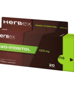 Boîte « Herbex Myo Inositol 1000 mg 20 comprimés » sur fond blanc.