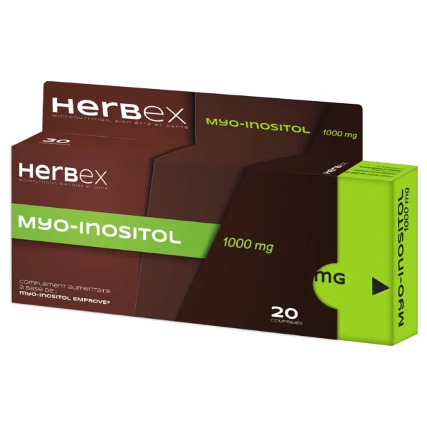 Boîte « Herbex Myo Inositol 1000 mg 20 comprimés » sur fond blanc.