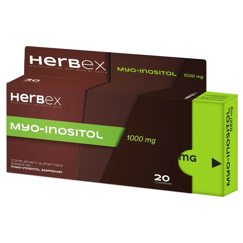 Boîte « Herbex Myo Inositol 1000 mg 20 comprimés » sur fond blanc.