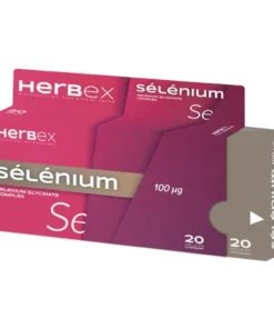 Boîte « Herbex Sélénium 100 µg 20 gélules » sur fond blanc.
