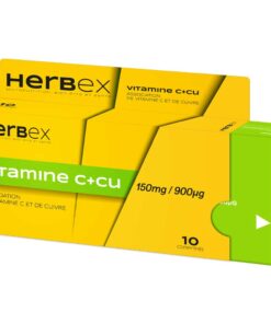 Boîte « Herbex Vitamine C + Cu 150 mg / 900 µg 10 comprimés » sur fond blanc.