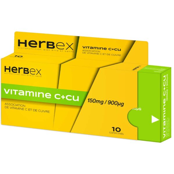 Boîte « Herbex Vitamine C + Cu 150 mg / 900 µg 10 comprimés » sur fond blanc.