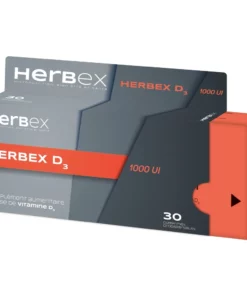 Boîte « Herbex Vitamine D3 1000 UI 30 comprimés » sur fond blanc.