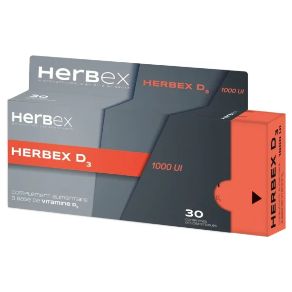 Boîte « Herbex Vitamine D3 1000 UI 30 comprimés » sur fond blanc.
