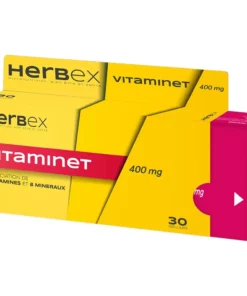 Boîte « Herbex Vitaminet 30 gélules » sur fond blanc.