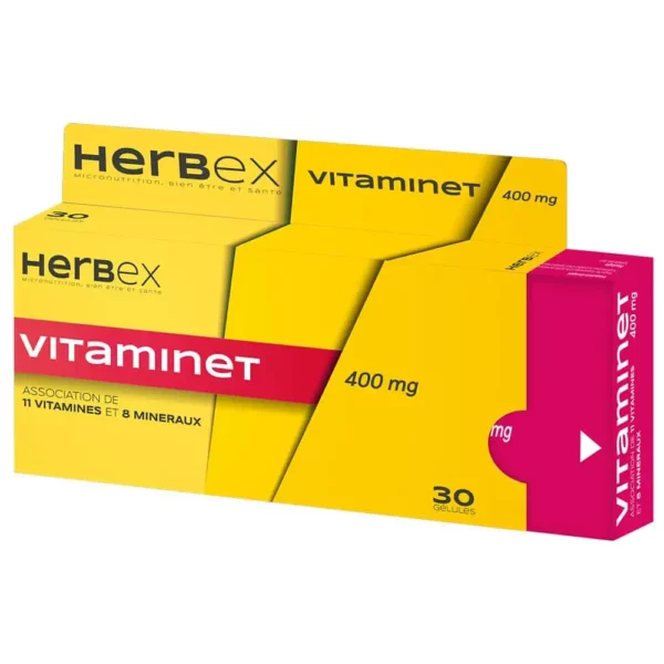 Boîte « Herbex Vitaminet 30 gélules » sur fond blanc.