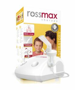 Packshot « ROSSMAX NA100 » avec compresseur, tuyau et gobelet de nébulisation.