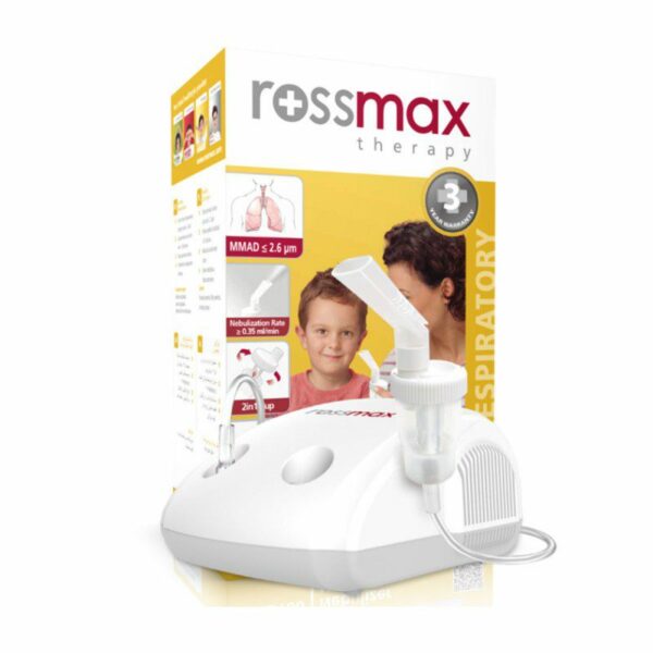 Packshot « ROSSMAX NA100 » avec compresseur, tuyau et gobelet de nébulisation.