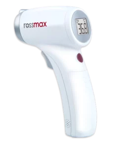 Packshot « ROSSMAX HC700 Thermomètre Sans Contact » avec écran allumé.