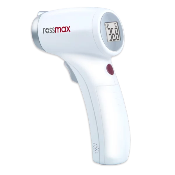 Packshot « ROSSMAX HC700 Thermomètre Sans Contact » avec écran allumé.