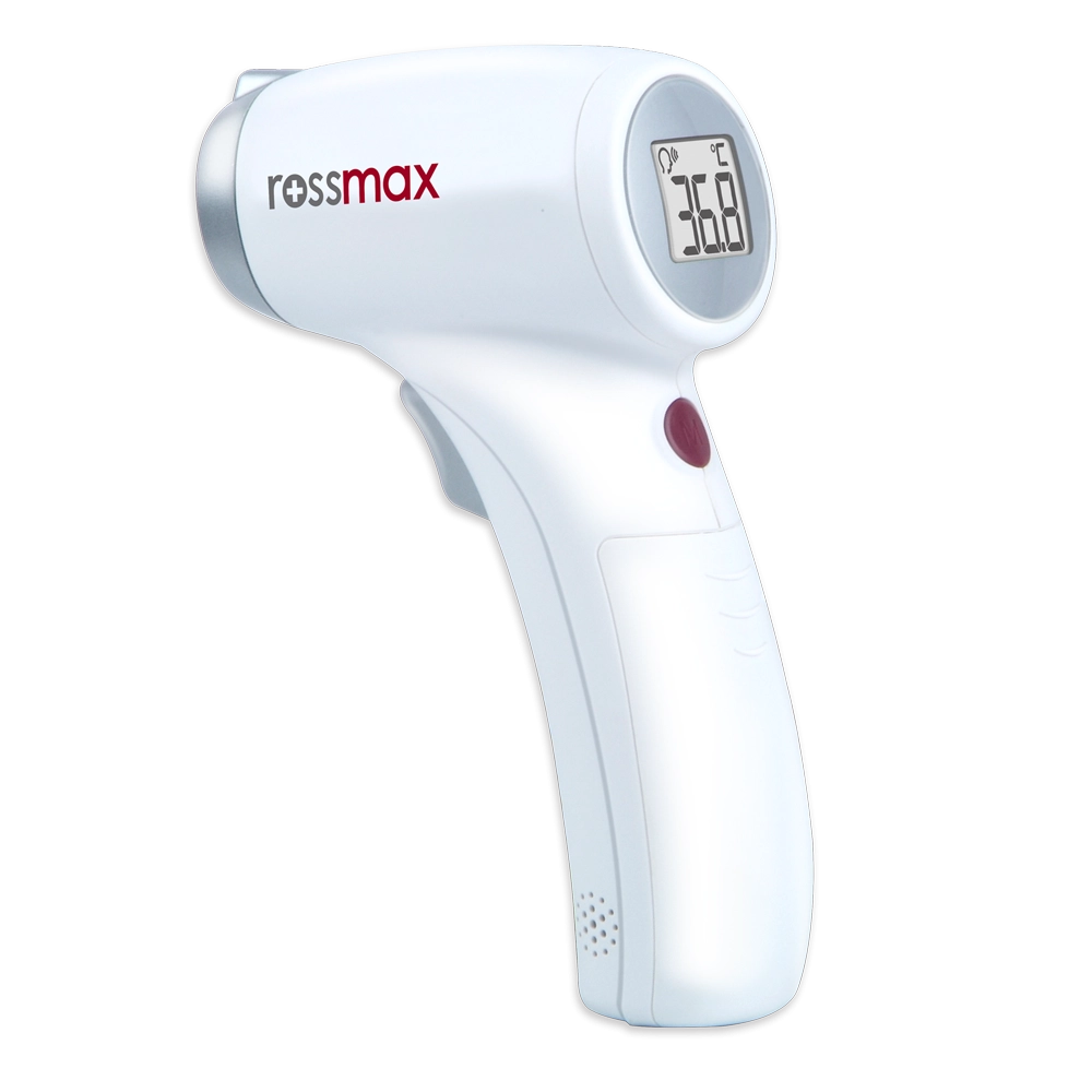 Packshot « ROSSMAX HC700 Thermomètre Sans Contact » avec écran allumé.