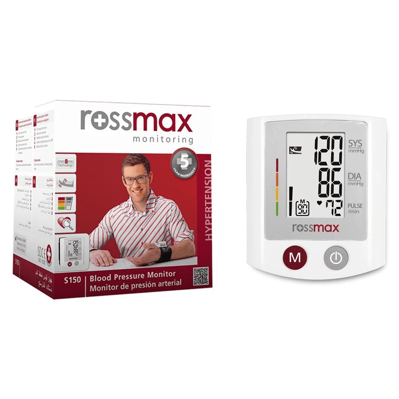 Packshot « ROSSMAX Tensiomètre de Poignet Automatique » affichant une mesure.