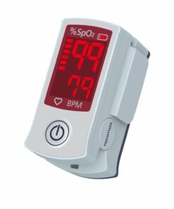 Packshot « ROSSMAX Oxymètre de Pouls SB100 » affichant SpO₂ et pouls.