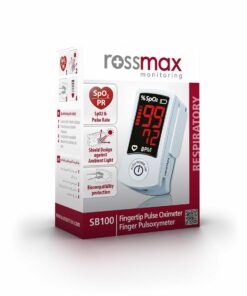 Packshot « ROSSMAX Oxymètre de Pouls SB100 » affichant SpO₂ et pouls.