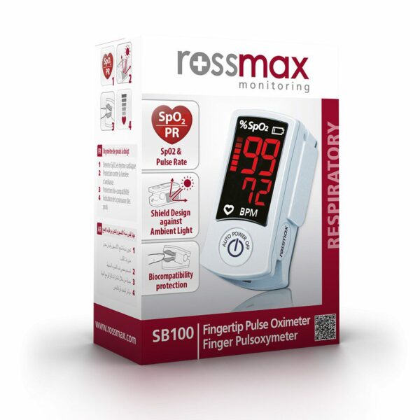 Packshot « ROSSMAX Oxymètre de Pouls SB100 » affichant SpO₂ et pouls.