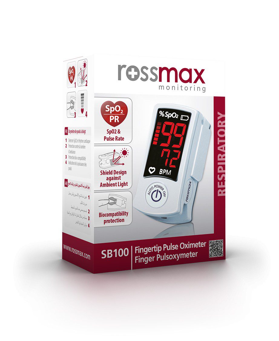 Packshot « ROSSMAX Oxymètre de Pouls SB100 » affichant SpO₂ et pouls.
