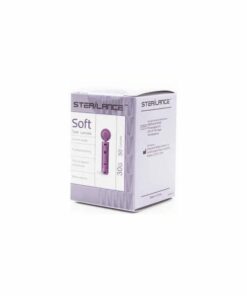 Boîte « Sterilance Soft 50 lancettes » ouverte avec lancettes sous capuchon.