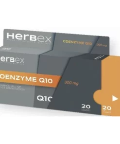 Boîte « Herbex Coenzyme Q10 300 mg 20 gélules » sur fond blanc.