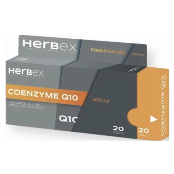 Boîte « Herbex Coenzyme Q10 300 mg 20 gélules » sur fond blanc.