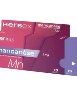 Boîte « Herbex Manganèse 15 gélules » sur fond blanc.