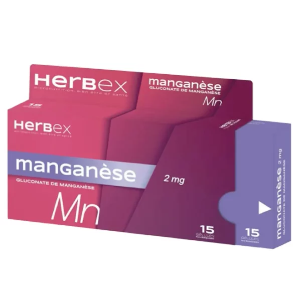 Boîte « Herbex Manganèse 15 gélules » sur fond blanc.