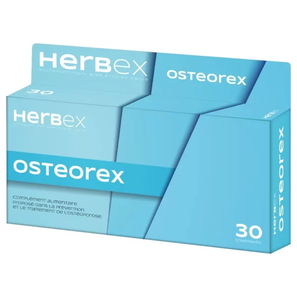 Boîte « Herbex Osteorex 30 comprimés » sur fond blanc, mention minéralisation osseuse.